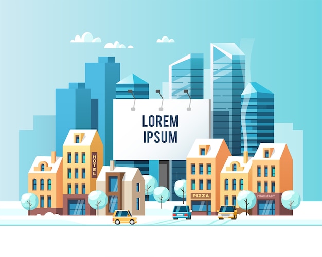 Vector winter cityscape with a billboard for your text snowy street