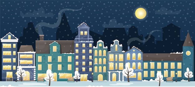 Paesaggio urbano invernale con le case europee e la neve nella notte. illustrazione piatta.