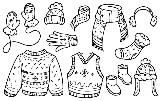 Набор элементов зимней одежды Иллюстрация Doodle