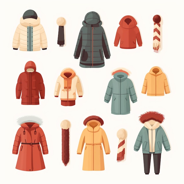 Вектор Зимняя одежда модный стиль осенняя одежда изолированная девушка свитера шарф теплый костюм куртка