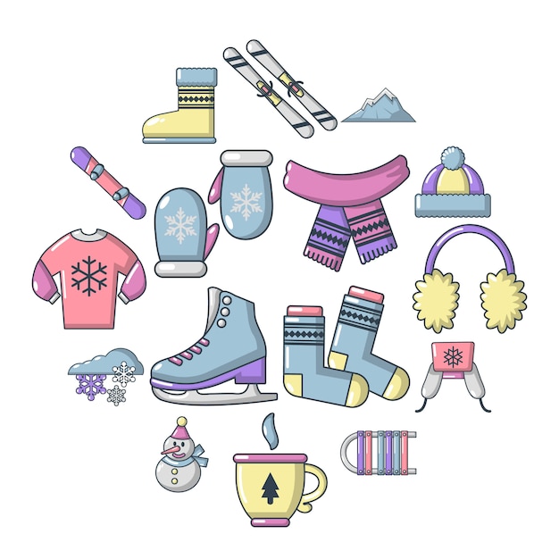 Vector winter clothes icons set, cartoon style