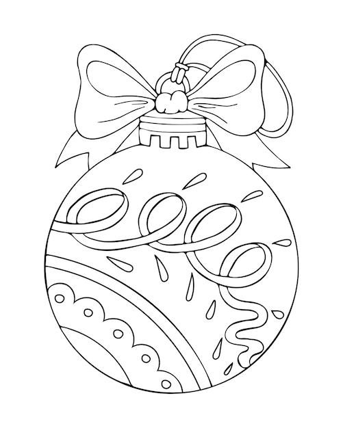 Winter coloring page toy ball Christmas tree decoration with patterns and ribbon bow Hand drawn vector thin line art illustration Coloring book for children and adults Black and white sketch