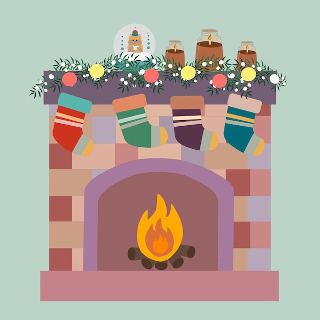 Вектор Зимний уют, камин, огонь. камин, теплый камин, декор, носки, санта, подарки дома на рождество