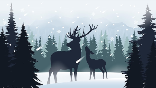 Вектор Зимний хвойный лес со снегом в сосновом лесу олень остается в лесу рождественский фон