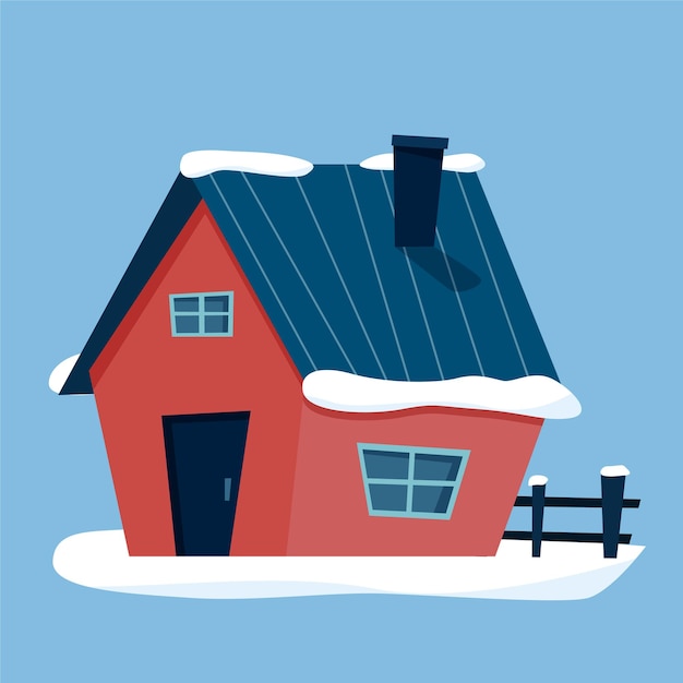Vettore cottage invernale con neve. illustrazione vettoriale in stile cartone animato piatto.