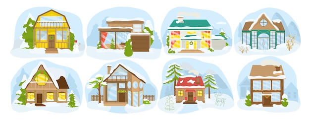 Winter country buildings, snow houses in village, cottages set of icons isolated . festive christmas country homes in forest. wooden houses, town architecture.