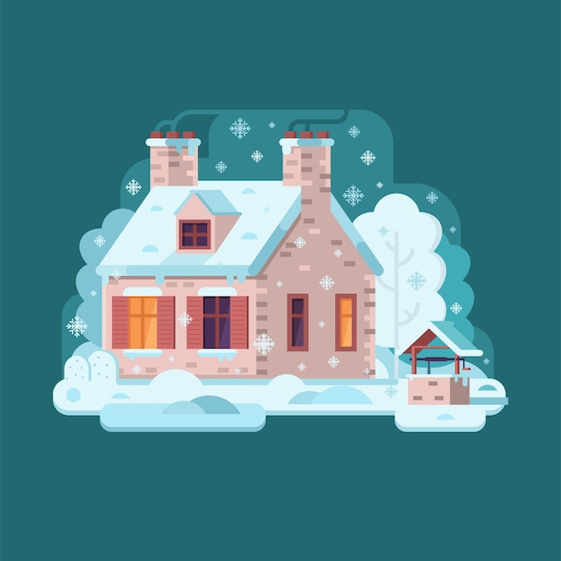 Vector winter cozy house snowy scene in flat