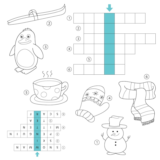 Winter crossword for kids. Task and answer. Coloring book for children of preschool and school age. With the answer.