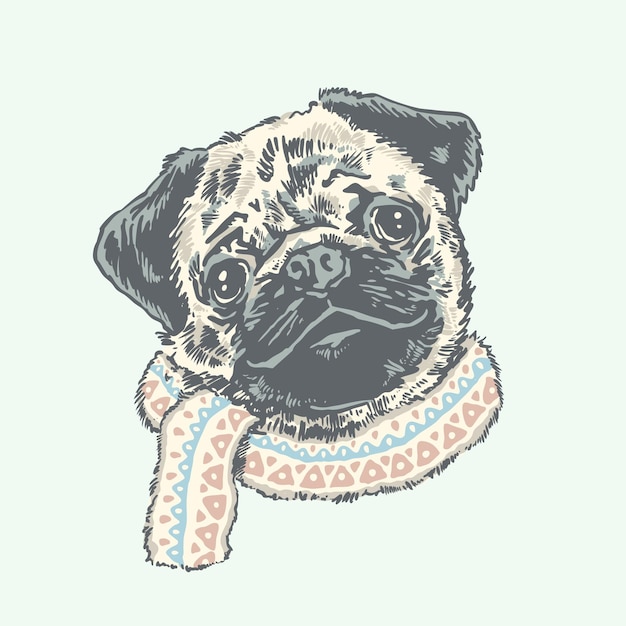 Winter cute pug  puppy dog cartoon illustration