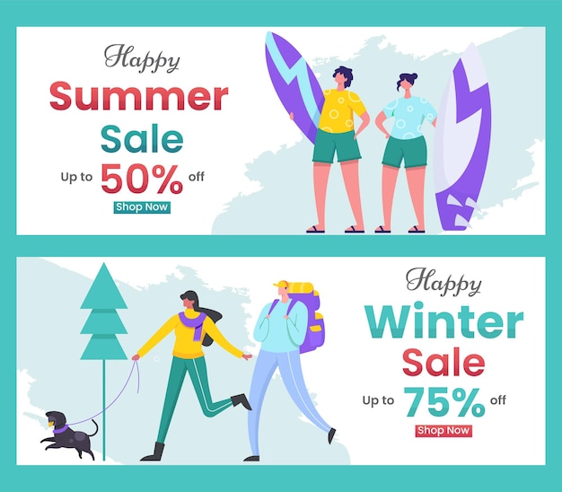 Winter dan summer sale banner discount with with family illustration