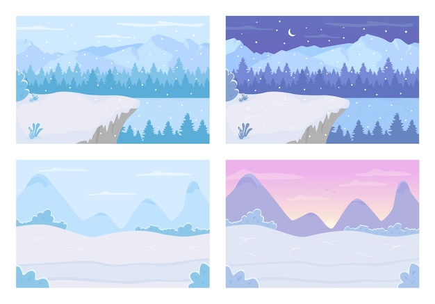 Winter day and night land flat color vector illustration set