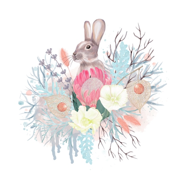 Winter decoration with flowers and rabbit