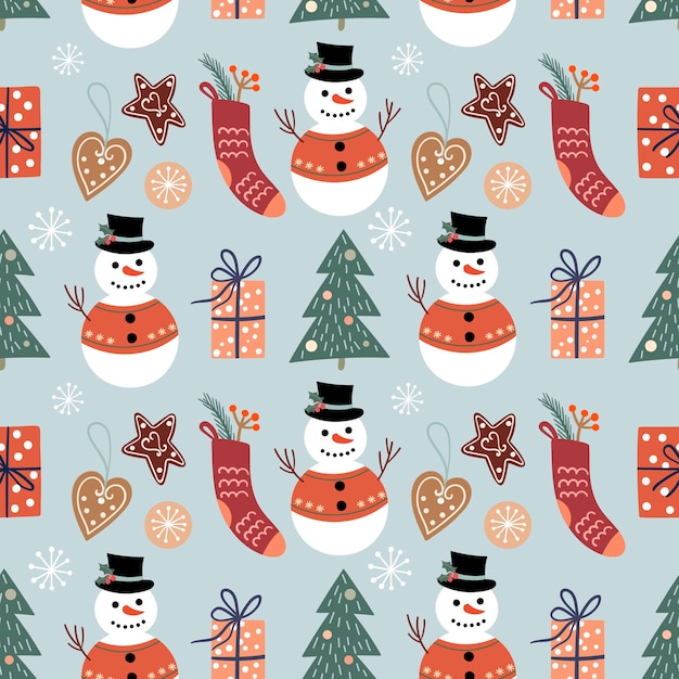 Winter decorative seamless pattern with snowmen, christmas trees and decorations