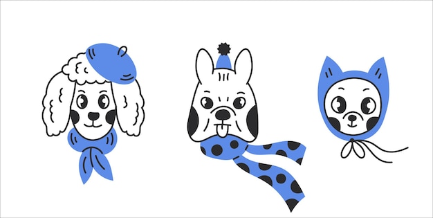 Vector winter dog portrait set in doodle style