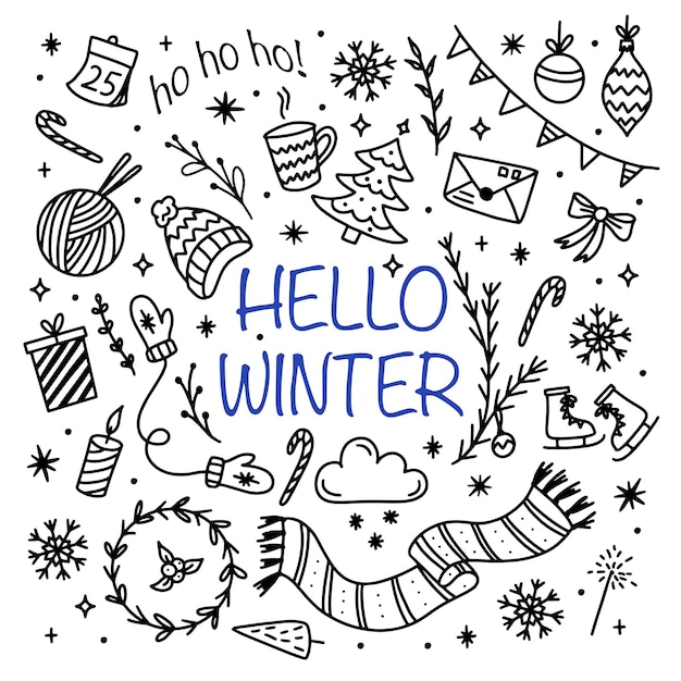 Winter doodle set winter season elements perfect for scrapbook card poster invitation stickers