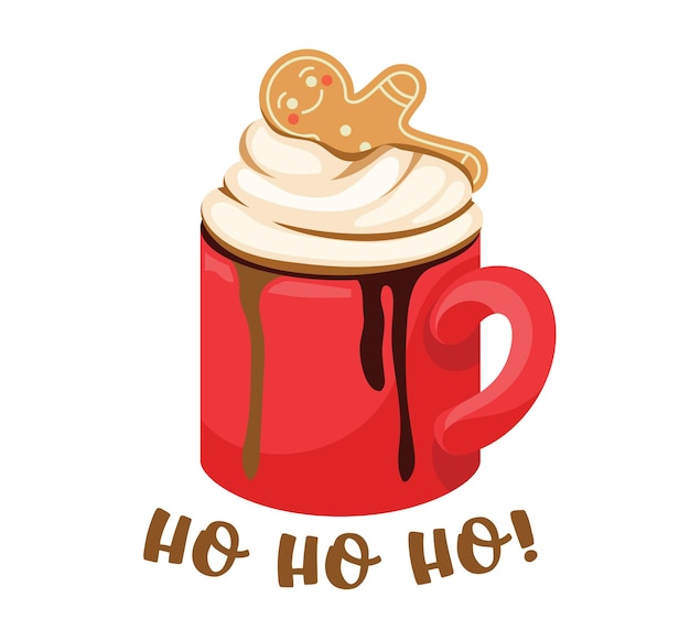 Vector winter drink in red cup, hot beverage with whipped cream