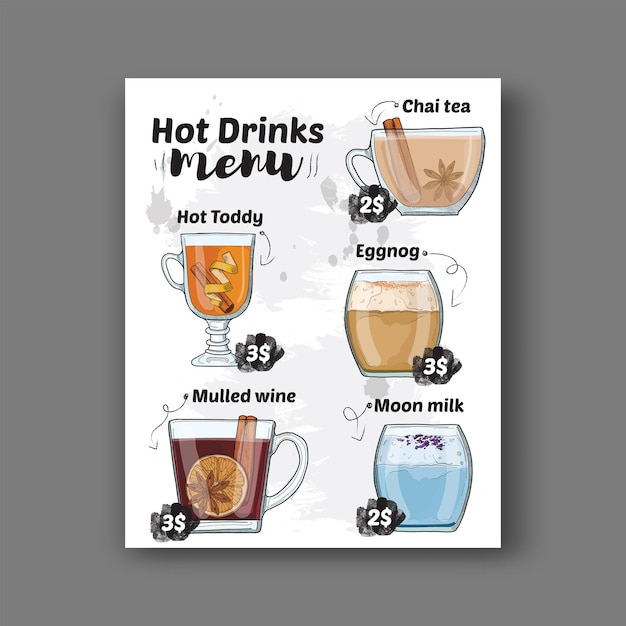 Vector winter drinks menu template on white background