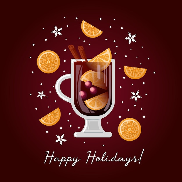 Vector winter drinks mulled wine with orange slices cranberries and cinnamon sticks snowflakes vector food illustration for menu cafe postcard poster sticker