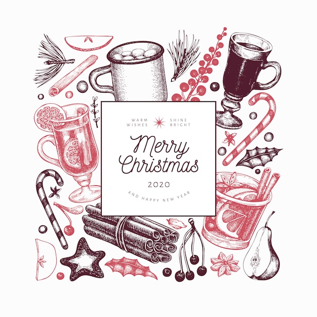 ベクトル 冬の飲み物テンプレート。手描きの刻まれたスタイルのグリューワイン、ホットチョコレート、スパイスのイラスト。ビンテージクリスマス背景。
