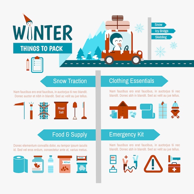 Winter driving packing list infographics for safety trip