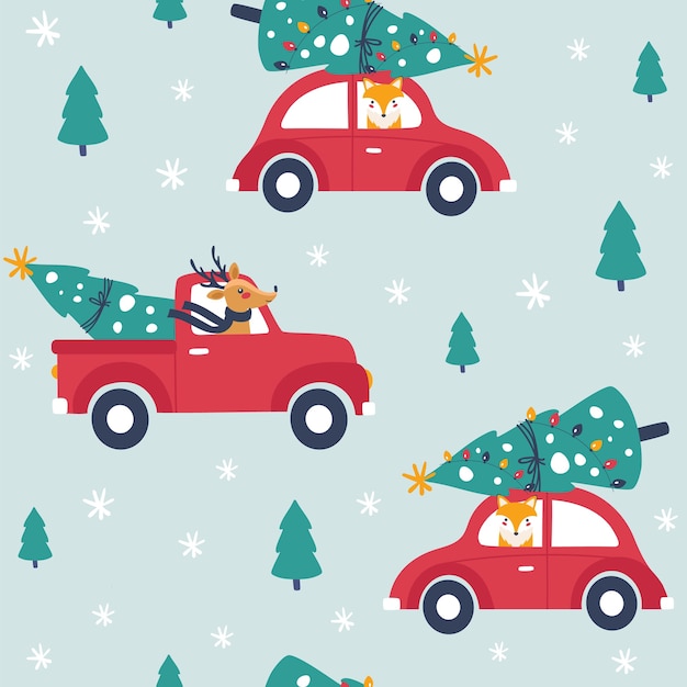 Vector winter eamless pattern with red car and christmas tree.