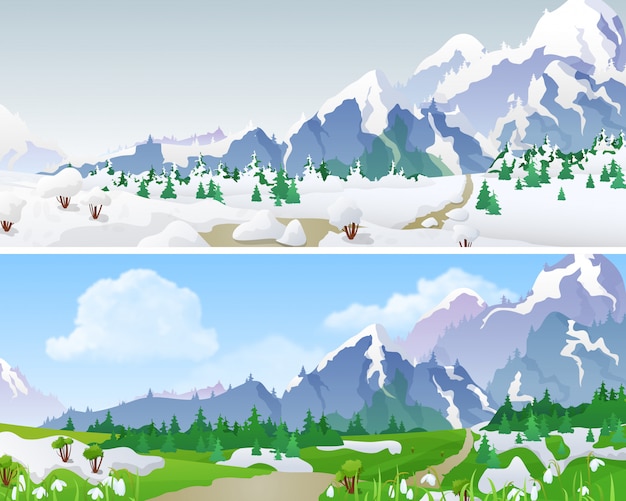 Winter en lente landschappen met bergen en vallei vectorillustratie.