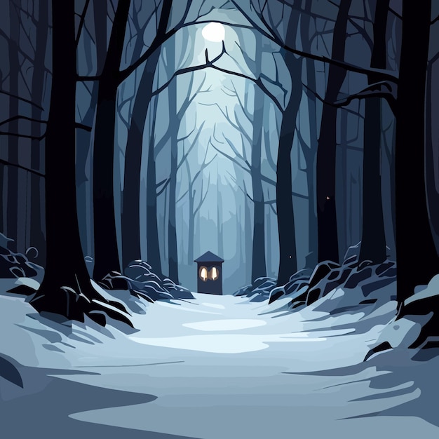 Vector winter fairy tale landscape with house in a winter snowy dark forest with full moon vector