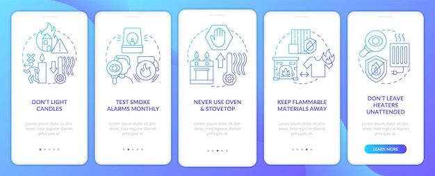 Winter fire precautions onboarding blue gradient mobile app screen