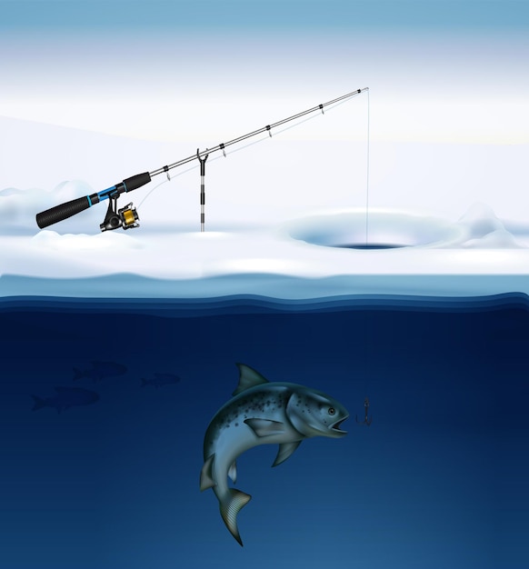 Vettore composizione di pesca invernale con un'immagine realistica di pesce sotto ghiaccio con attrezzatura da pesca fissata sull'illustrazione di superficie