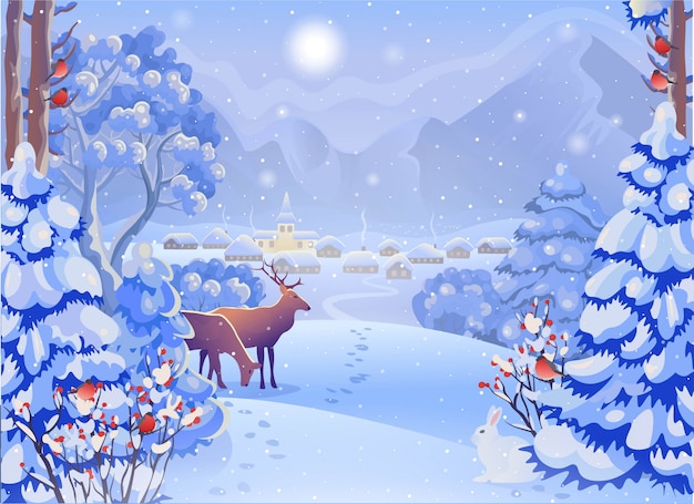 Winter foggy forest landscape with village, mountains, deers, Christmas tree, rabbit, bullfinch, sun. Vector drawing illustration in cartoon style. Christmas card.