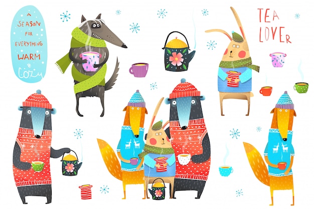 Winter forest animals drinking tea illustraties