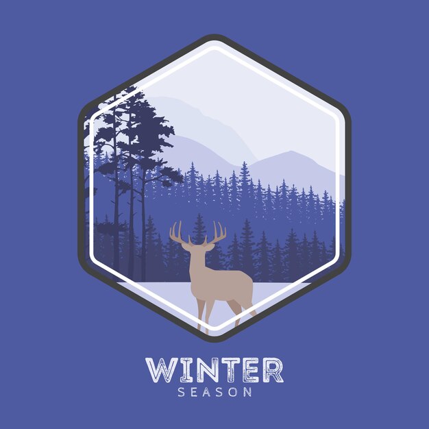 Vector winter forest deer label. pine landscape, mountains covered with snow. the concept for the logo, postcards, web sites.