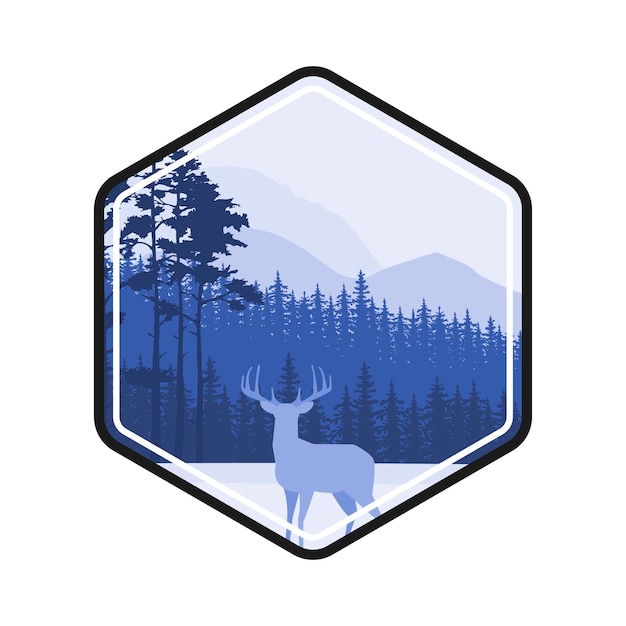 Vettore etichetta dei cervi della foresta invernale. paesaggio di pini, montagne coperte di neve. il concetto per il logo, cartoline, siti web.