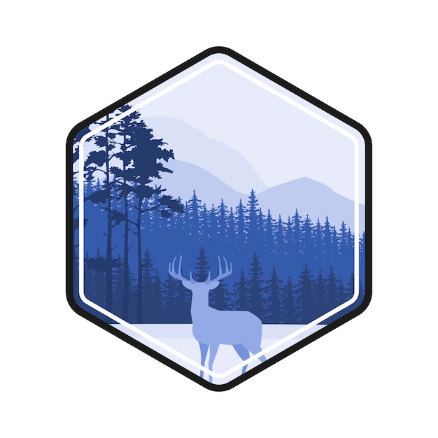 Winter forest deer label. Pine landscape, mountains covered with snow. The concept for the logo, postcards, Web sites.