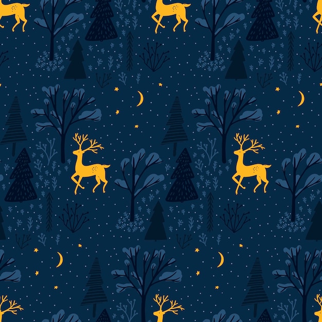 Winter forest and deer pattern, seamless background. folk art christmas illustration. night oodland.