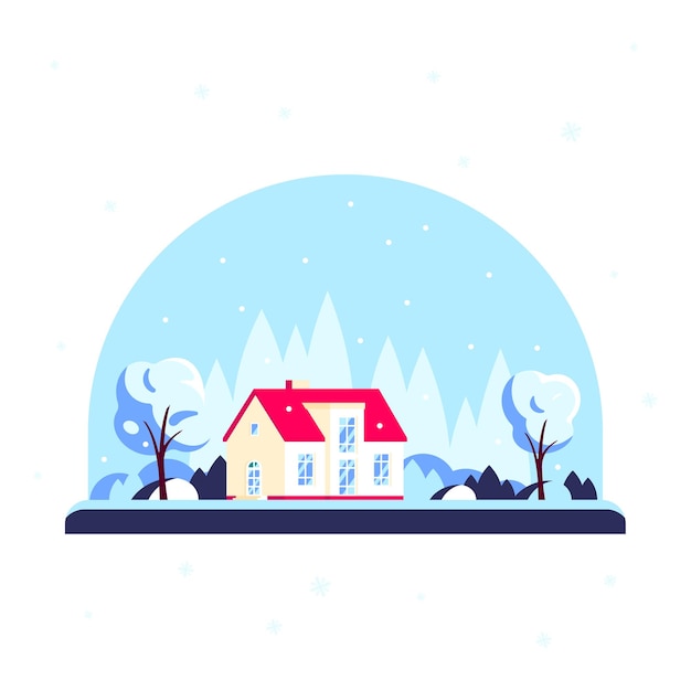 Vettore casa forestale invernale, paesaggio invernale con alberi sulla casa di famiglia. concetto di bene immobile. illustrazione in stile design piatto