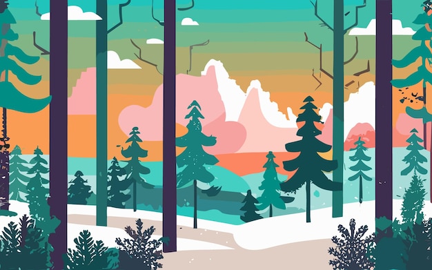 Vector winter forest landscape with sunrise on a background of mountains