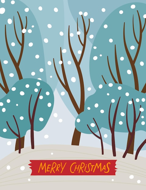 Winter forest. Merry Christmas hand drawn lettering on red banner. Abstract snowy Landscape Vector