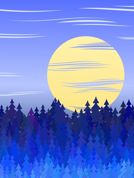 Winter forest night landscape vector illustration with full moon in blue night sky