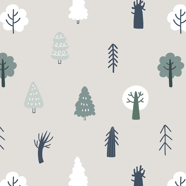 Winter forest scandinavian hand drawn seamless pattern Holiday background