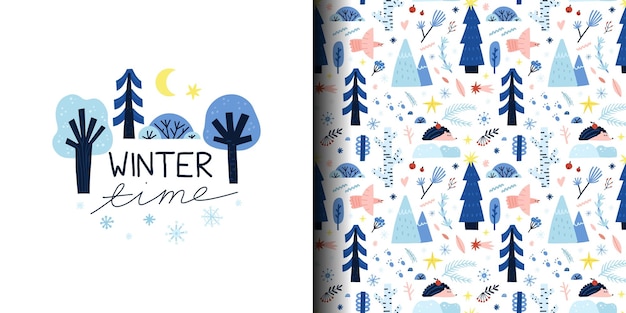 Winter forest seamless pattern and print Snowy different trees frozen berries blue branches snowflakes Hand drawn New Year and Christmas textile wrapping paper wallpaper nursery Vector