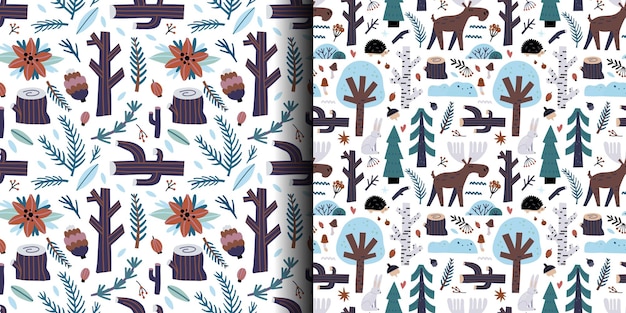 冬の森のシームレスなパターン 雪に覆われたさまざまな木 冷凍ベリー 青い枝とコーン ヘラジカと雪片 手描きの新年とクリスマスのテキスタイル包装紙壁紙保育園ベクトル
