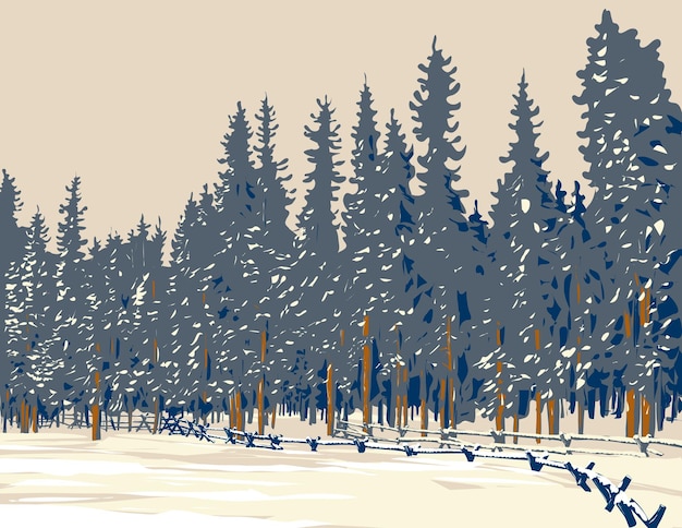 Vector winter forest of subalpine fir and limber pine in echo lake colorado wpa poster art