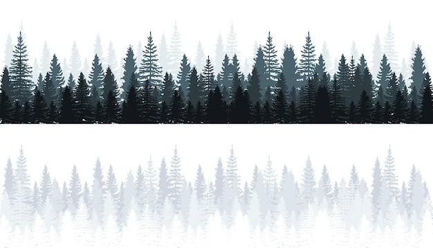 Winter forest van besneeuwde sparren silhouet. bos silhouet landschap. naaldbos panorama. vector illustratie