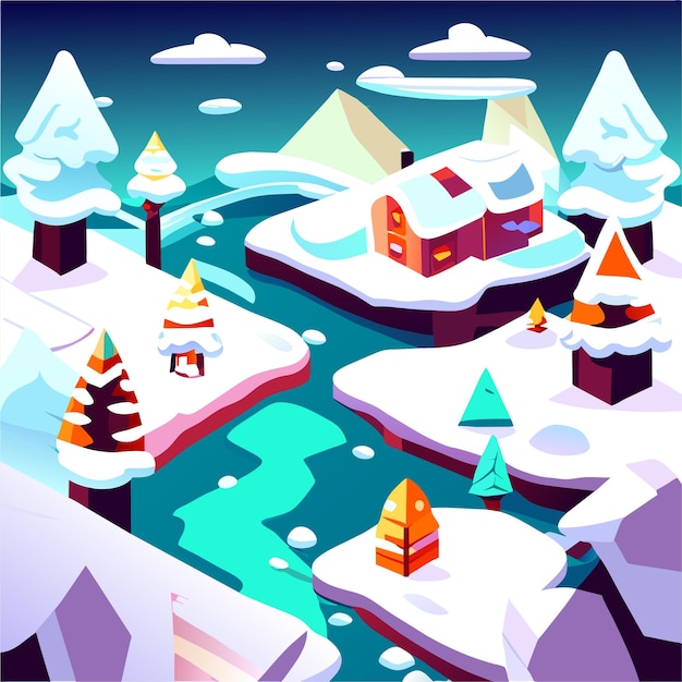 Vector winter game map level road cartoon background with snow ice ground race template
