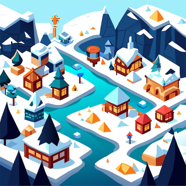 Winter game map level road cartoon background with snow ice ground race template