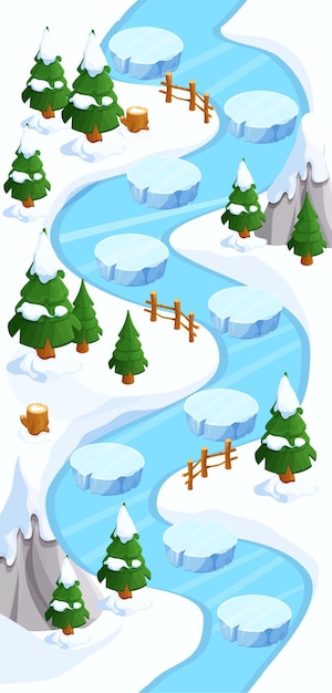 Inverno mappa del gioco neve foresta e ghiaccio gui sfondo, modello in stile cartone animato, vista isometrica casual