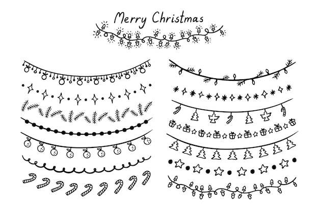Winter garlands hand drawn christmas symbols set isolated on white background doodle christmas