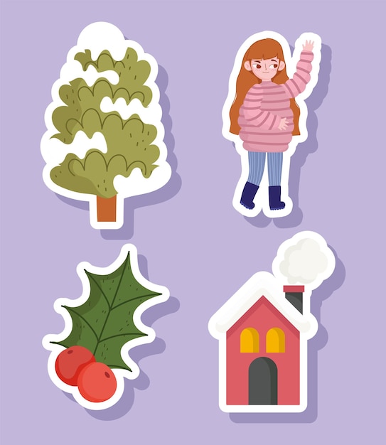 Winter girl warm clothes, tree holly berry and house icons set cartoon