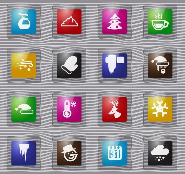 Winter glass icons set